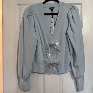 Express Light Blue Rhinestone Bow Cardigan